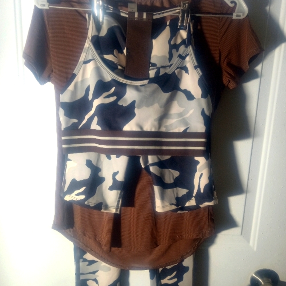 Noli and ZYIA 4pc cacao camo & brown yoga outfit